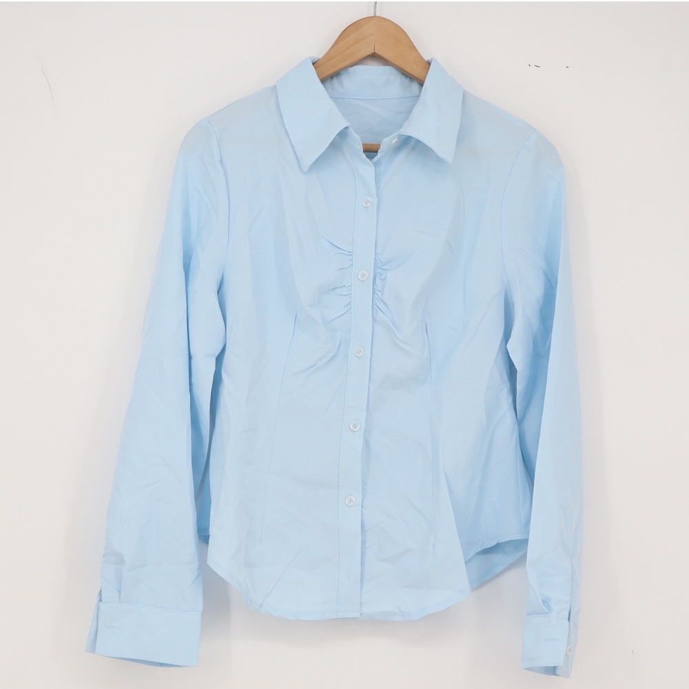 Unbranded Blouse Womens M Ruched Front Light Blue Button-Down Excellent